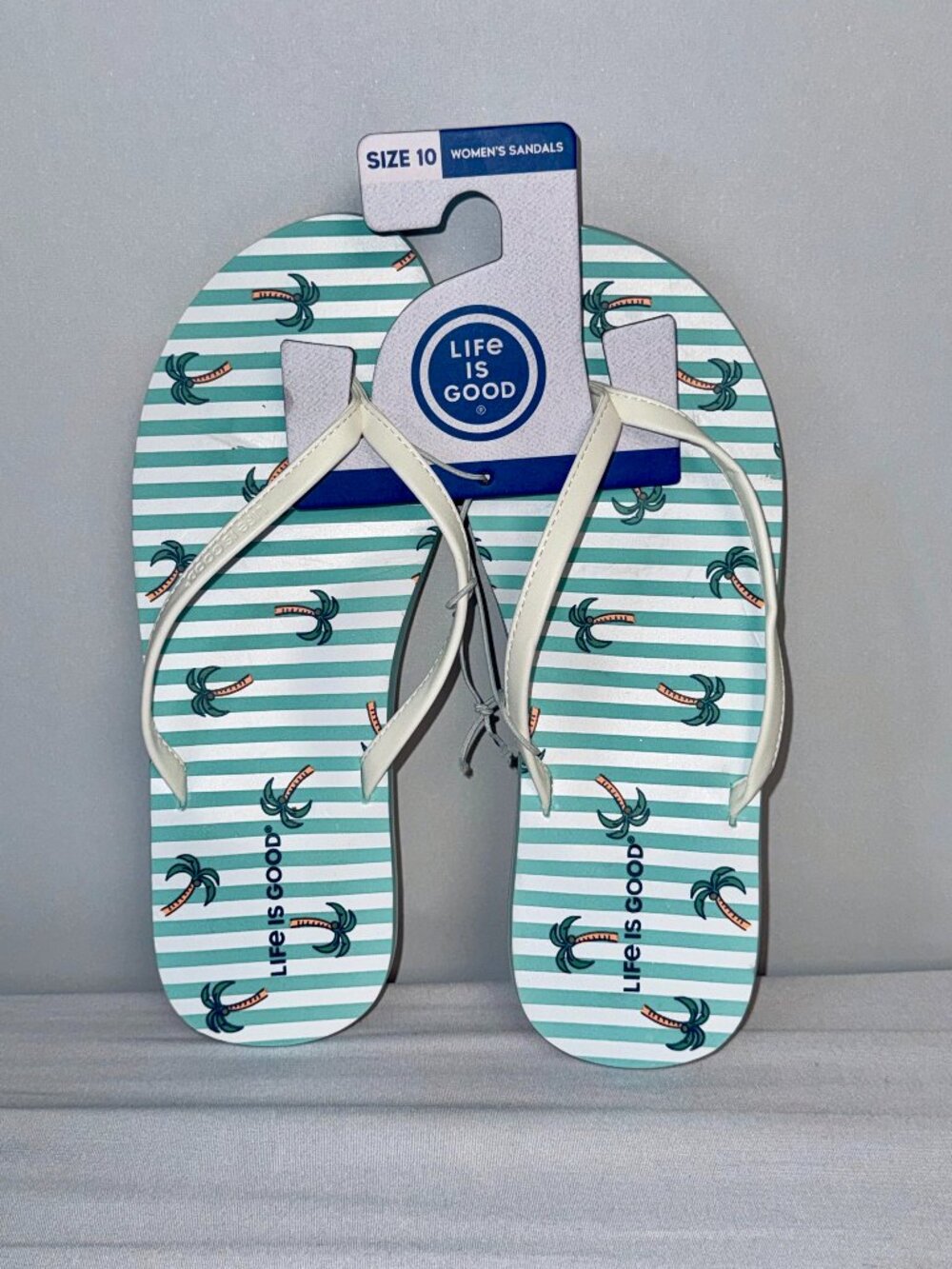 NWT 10 Women's LIFE IS GOOD Palm Trees Flip-Flops Sandals Tropical Green Stripe